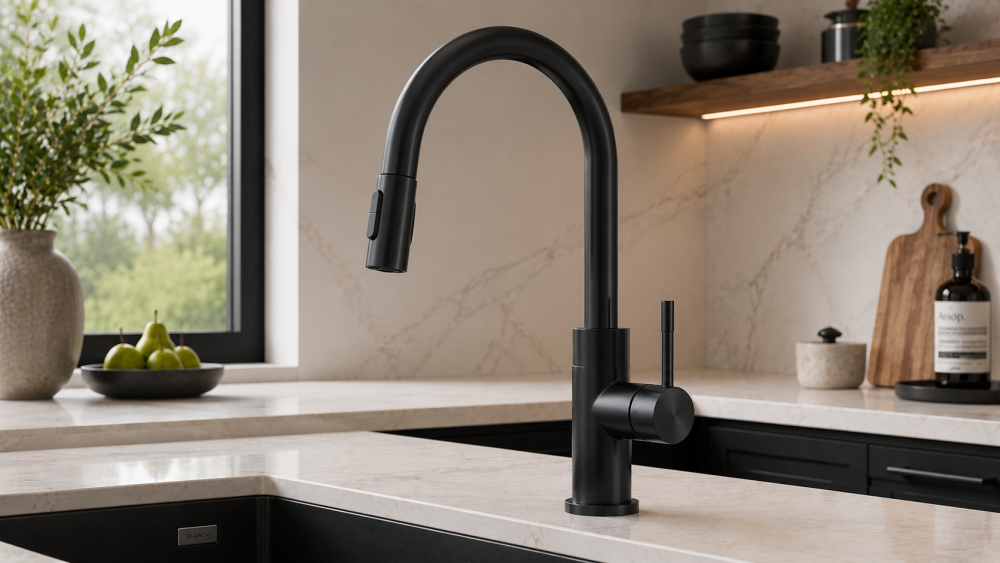 Matte black kitchen mixer tap on marble countertop with window light and decorative greenery.