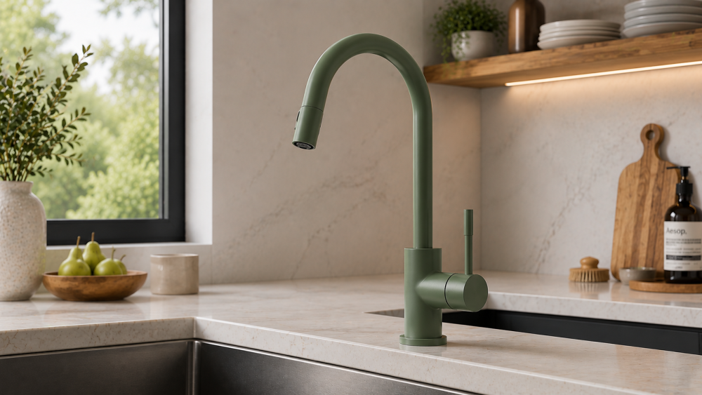 Green kitchen tap beside wooden fruit bowl and shelving accessories on marble countertop.