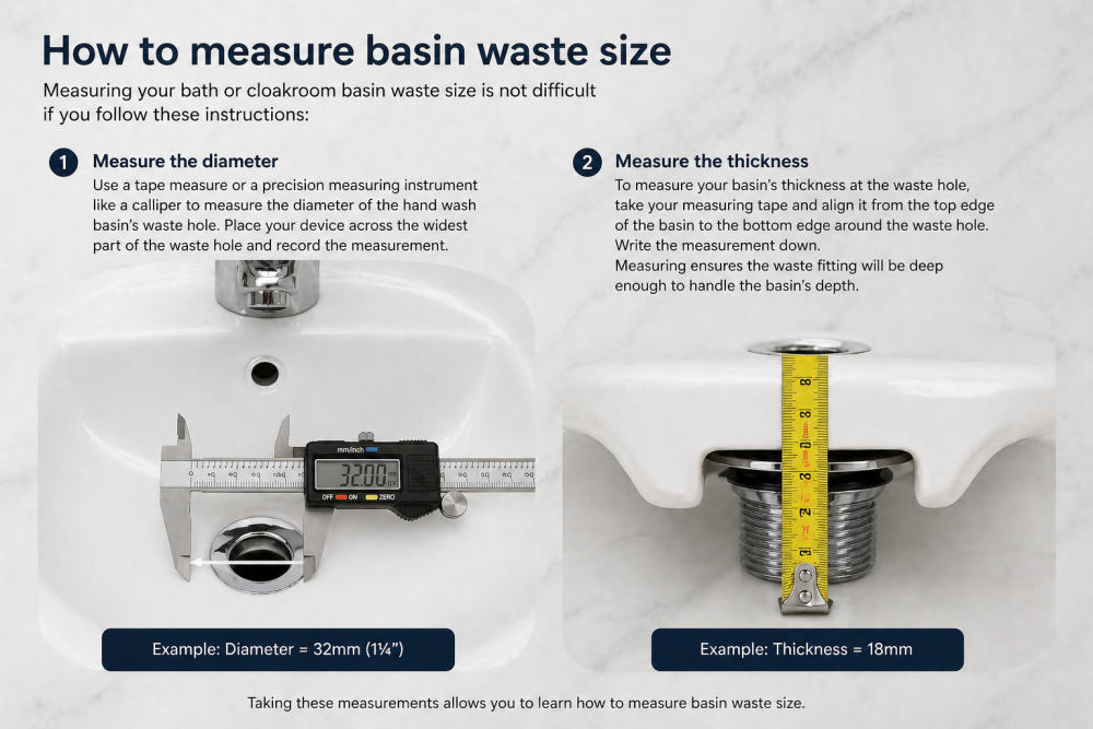 Guide to measuring basin waste size showing diameter and thickness for accurate sink waste fitting.