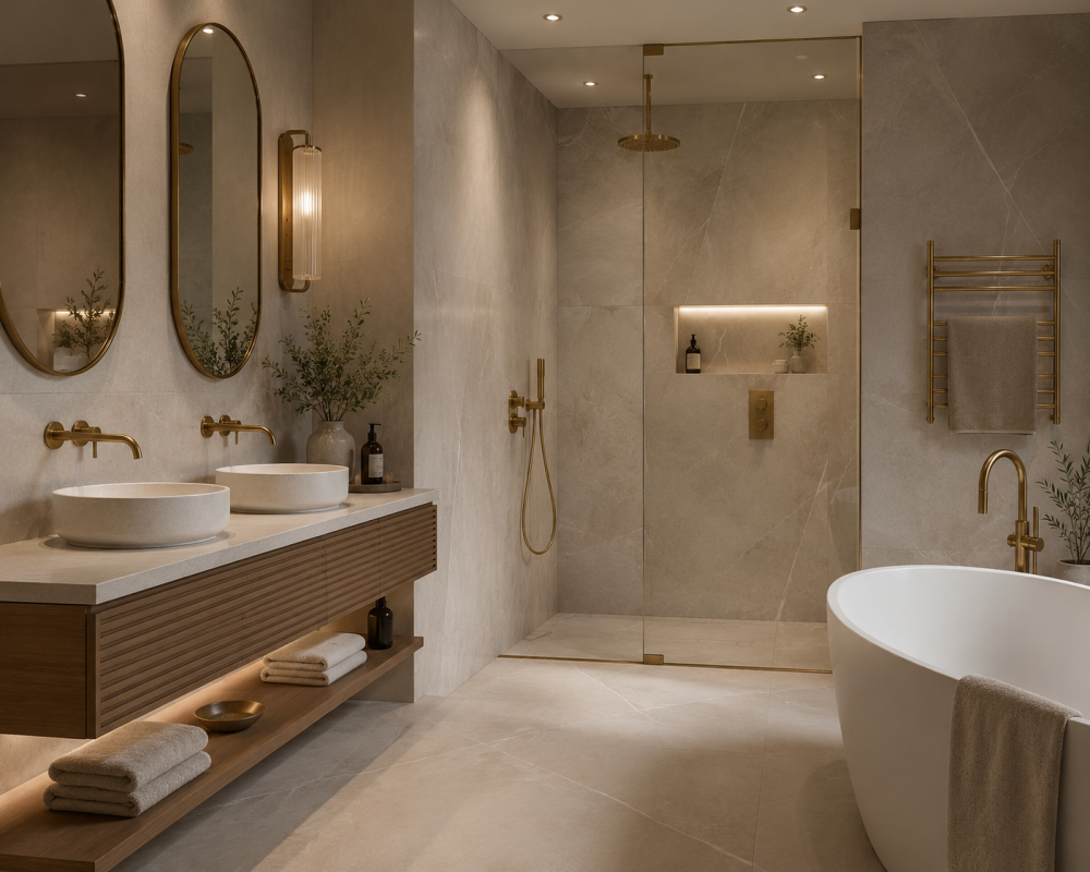 Large soaking tub with twin basins and coordinated fittings designed for shared bathroom layouts.