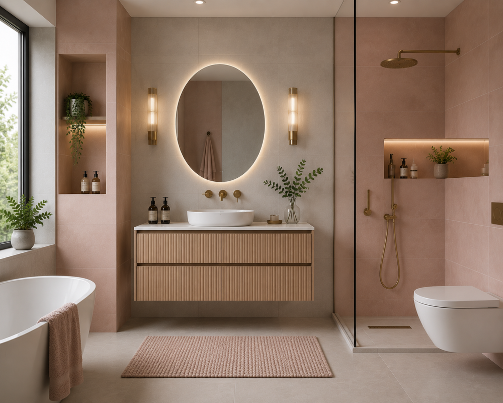 Freestanding bath beside floating wooden vanity, round mirror, and glass shower enclosure with warm lighting.