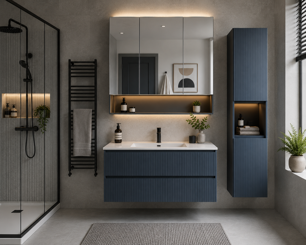 Dark blue vanity unit beneath round mirror beside glass shower and indoor plants in a minimalist layout.