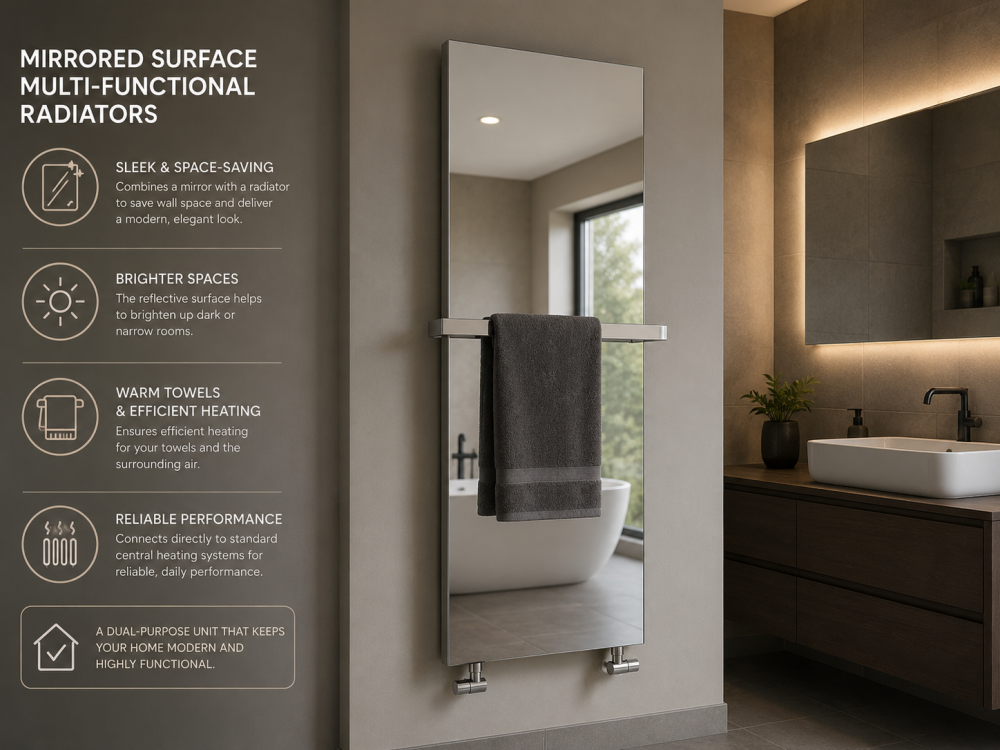 Mirror radiator with integrated towel rail in a bathroom, highlighting space-saving heating and efficient warmth distribution.