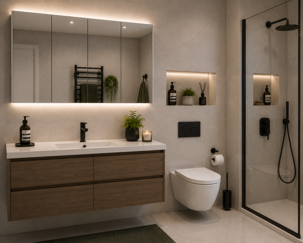 Double-drawer vanity beneath oversized mirror beside rainfall shower and recessed bottle storage.