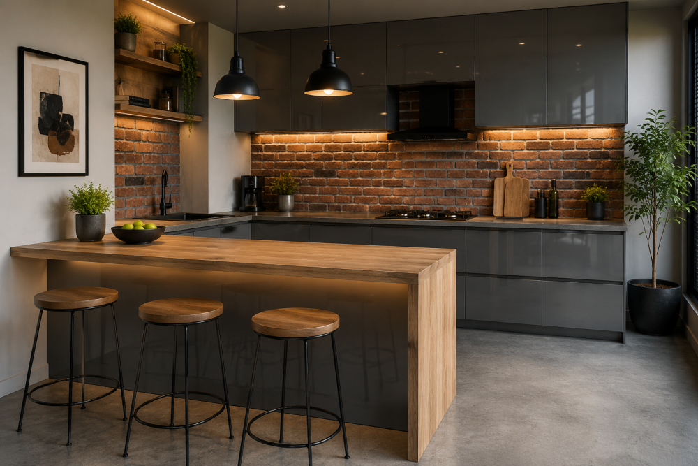 Gloss grey kitchen with exposed brick splashback, timber island, black pendant lights, and minimalist styling.