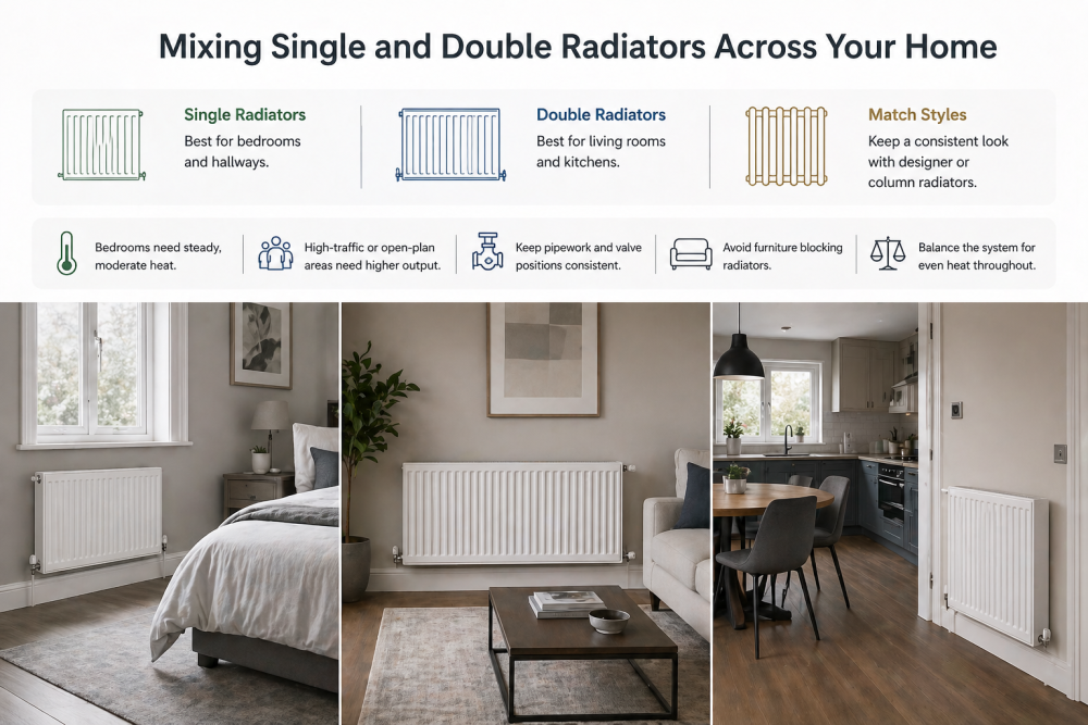 Single and double radiator placement examples in bedroom, living room, and kitchen showing suitability for different spaces.