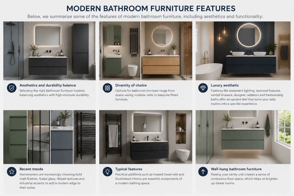 Bathroom furniture infographic highlighting wall-hung units, storage features, design trends, and space-saving layouts.