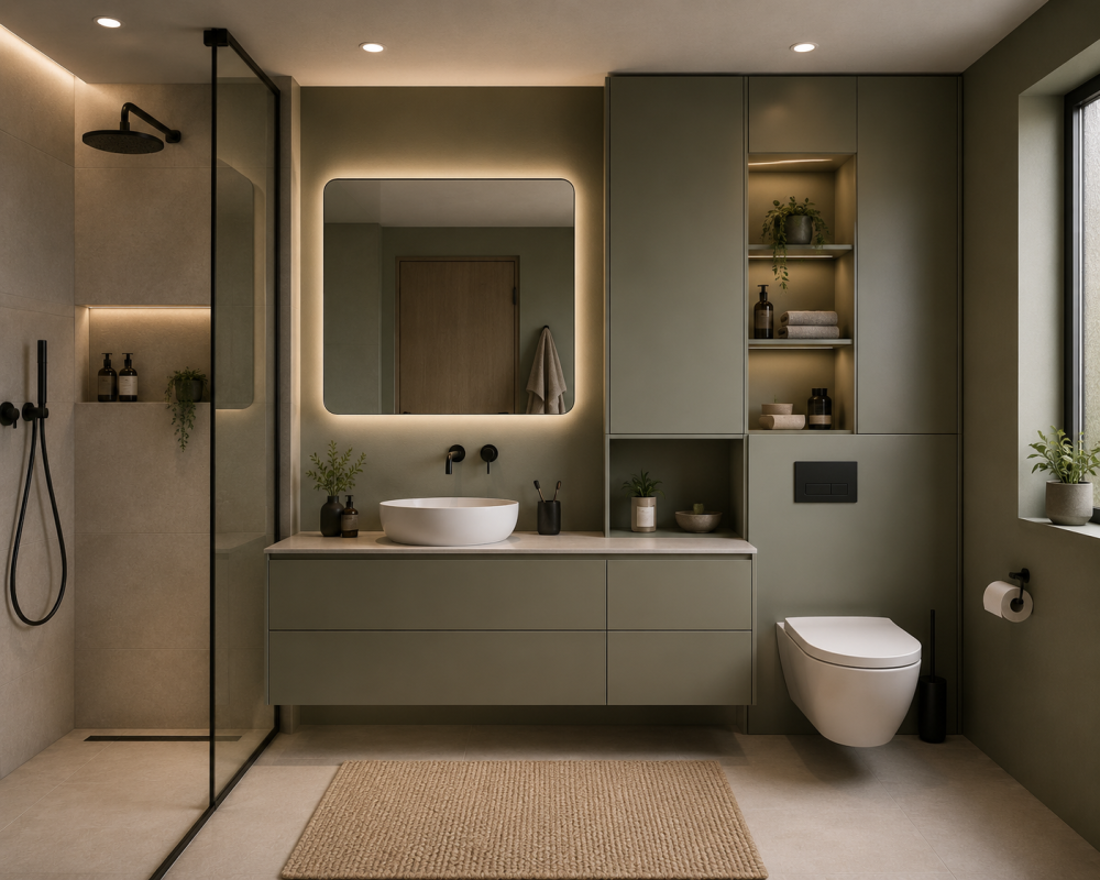 Glass shower enclosure beside floating vanity unit with round mirror, soft lighting, and indoor plants.