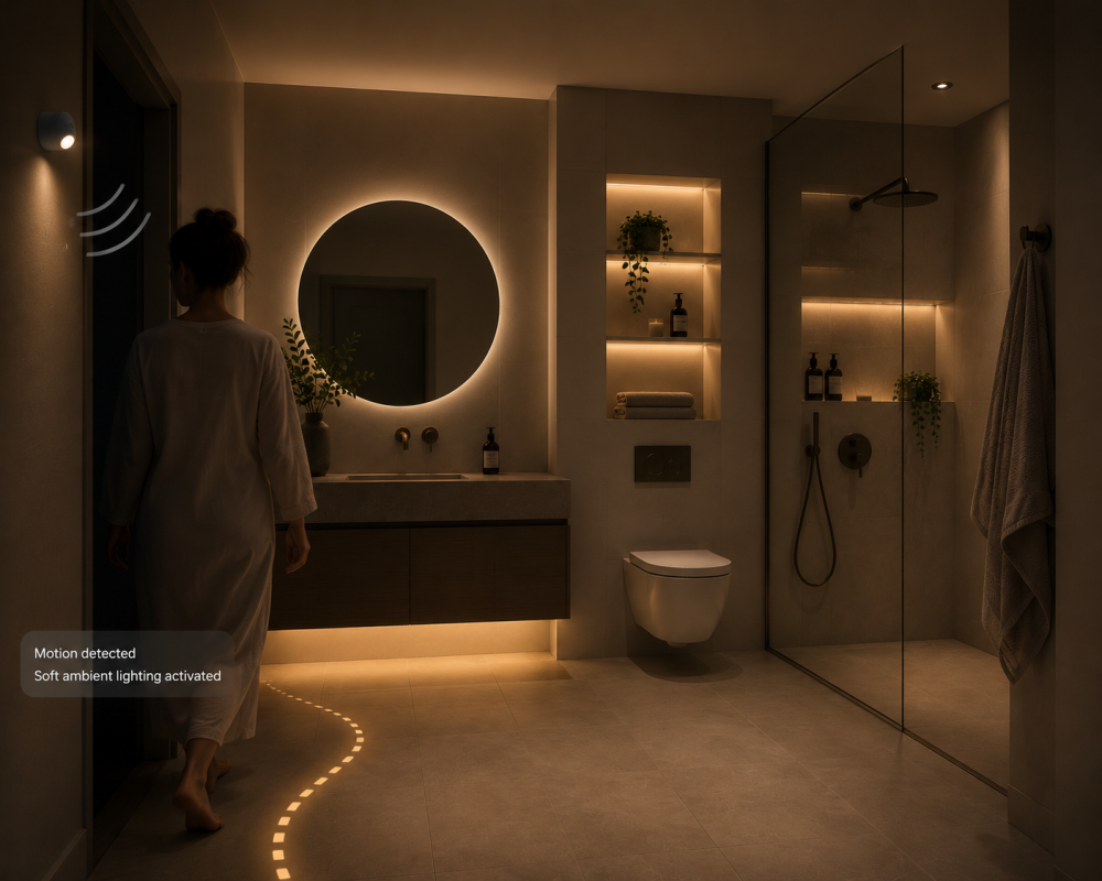 Person entering softly lit bathroom with illuminated mirror, shelving, and smart motion-activated lighting system.