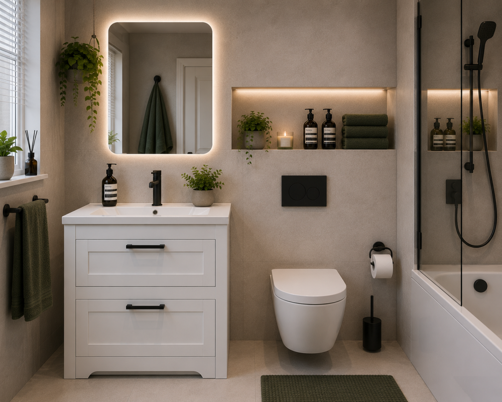 Backlit bathroom mirror above white vanity with shelves displaying towels, bottles, and greenery.