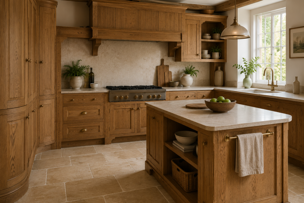 Spacious kitchen with timber cabinets, large island, stone flooring, built-in cooker, and natural light above sink.