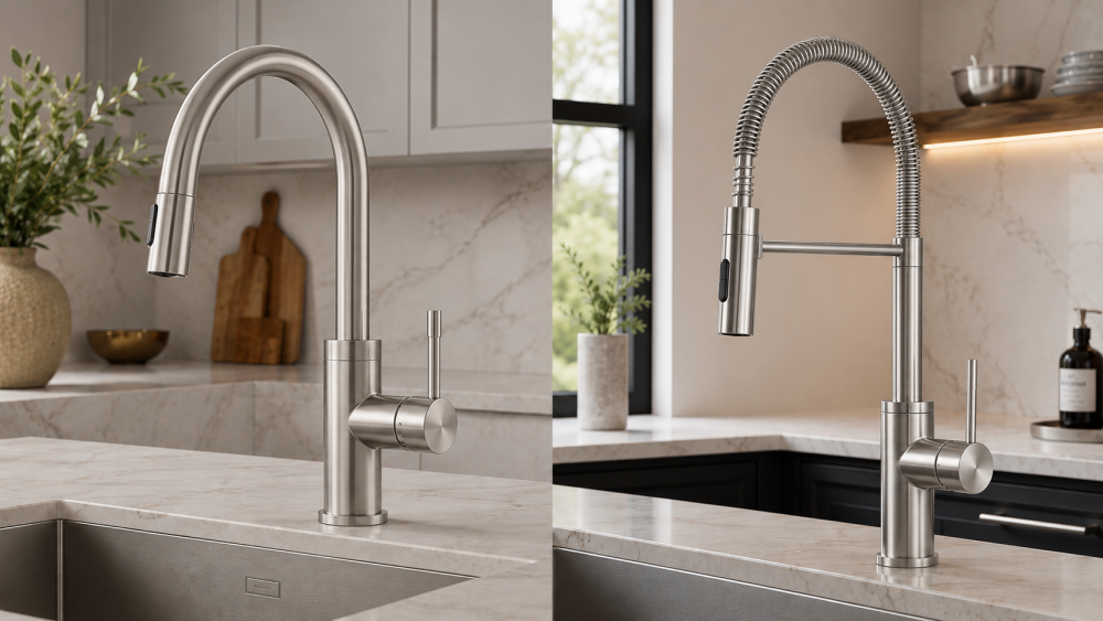 Stainless steel and brushed nickel kitchen taps compared side by side on stone worktops.