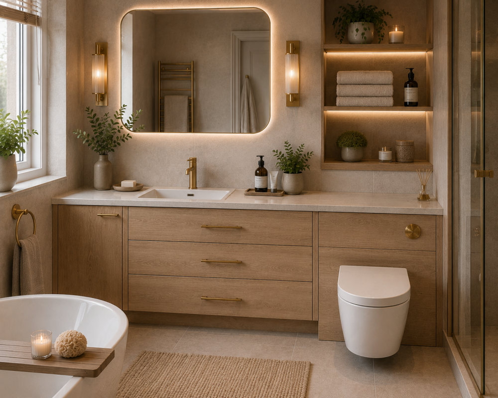 Wood vanity with large illuminated mirror, folded towels, decorative plants, and freestanding bath.