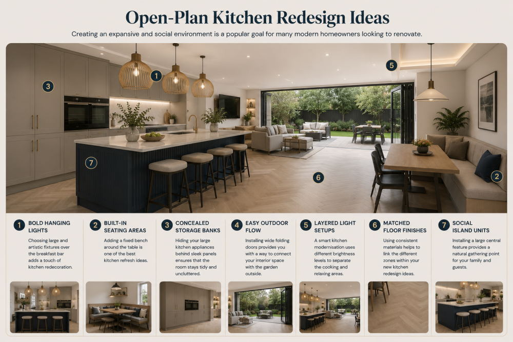 Open-plan kitchen with island seating, patio doors, pendant lighting, and kitchen redesign inspiration ideas.