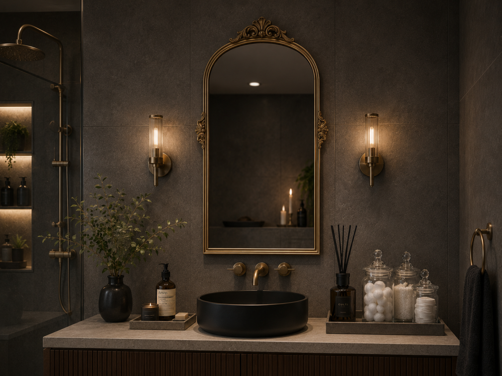 Elegant bathroom vanity with a black bowl sink, gold-framed arched mirror, wall sconces, and decorative jars on a dark stone countertop.