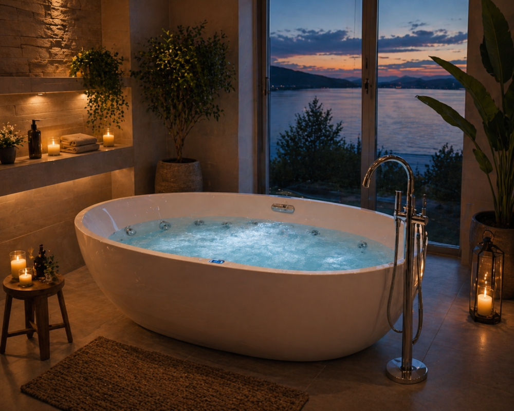 Freestanding oval whirlpool bathtub filled with water, surrounded by candles and plants with a lake view at sunset.