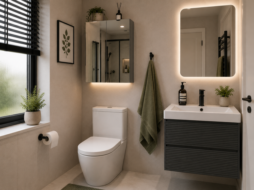 Grey wall-mounted cabinet with integrated mirror above minimalist sink and towel storage area.