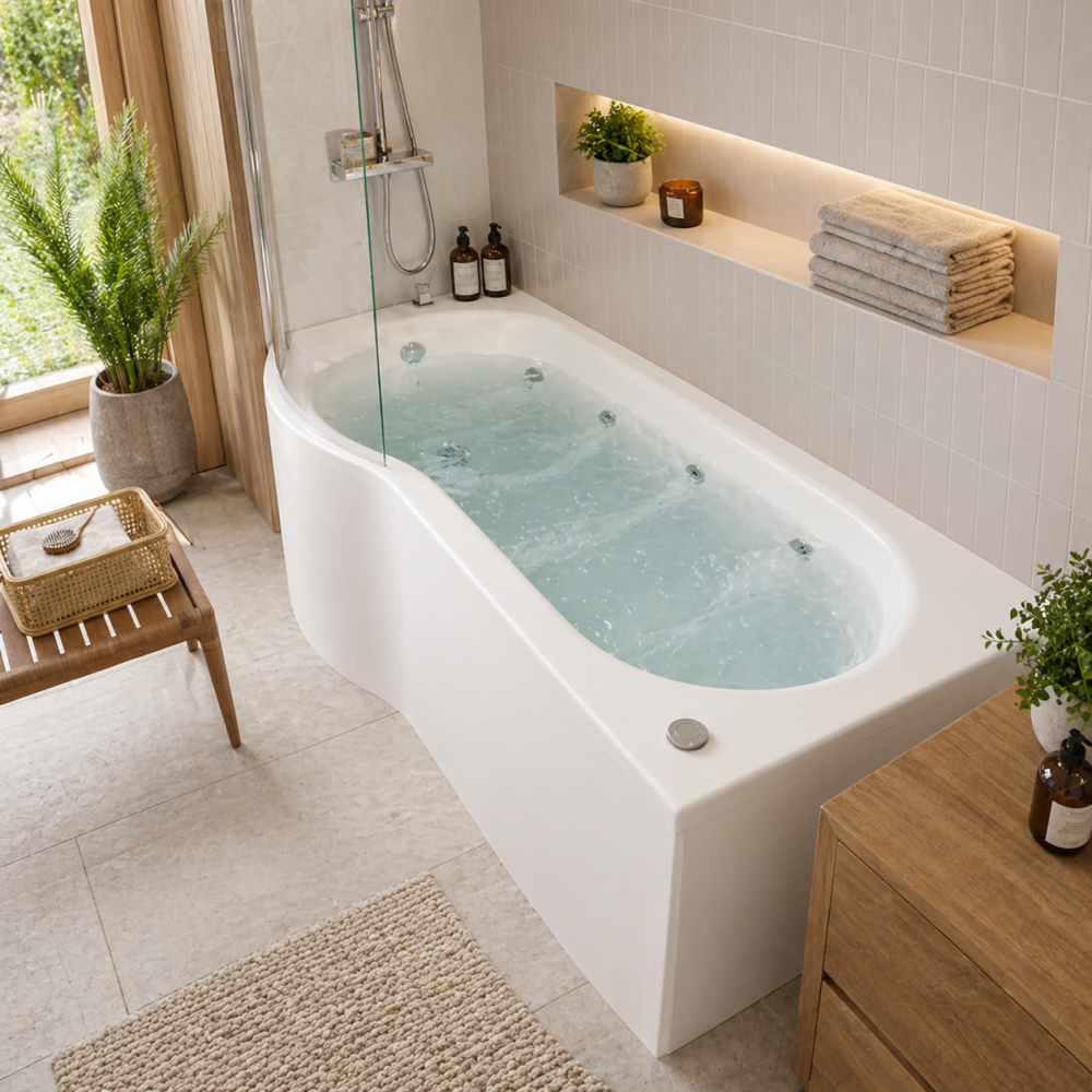 P-shaped whirlpool bath with wooden accents, plants, and natural light for a spa-like bathroom design.