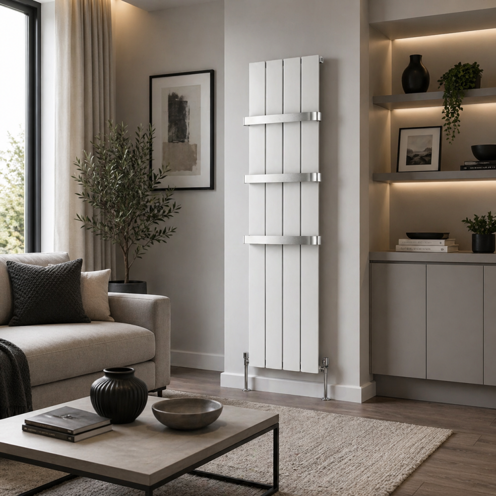 Modern living room with vertical radiator, neutral decor, and soft furnishings illustrating home heating setup.