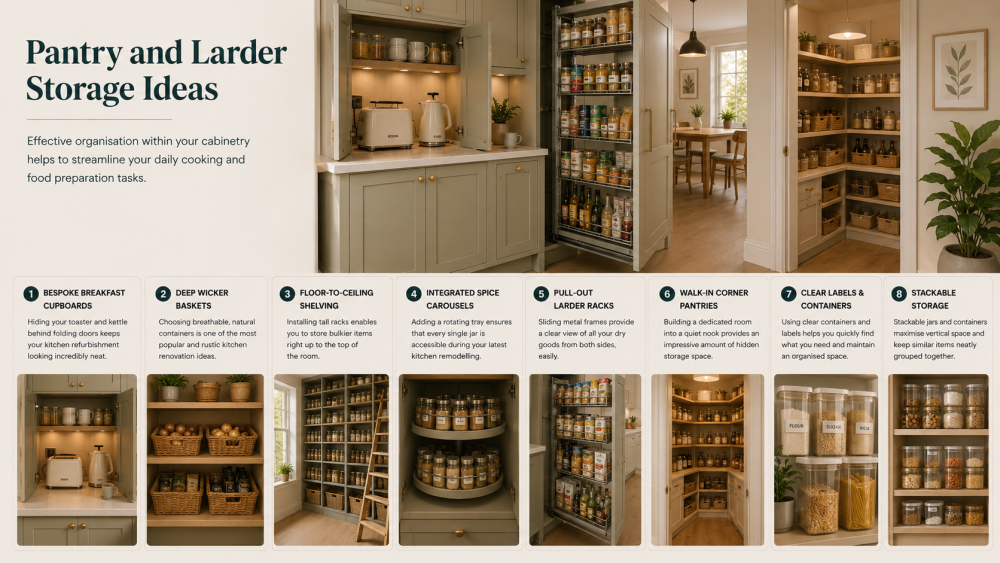 Kitchen pantry storage collage showing labelled jars, spice racks, wicker baskets, and floor-to-ceiling shelving ideas.