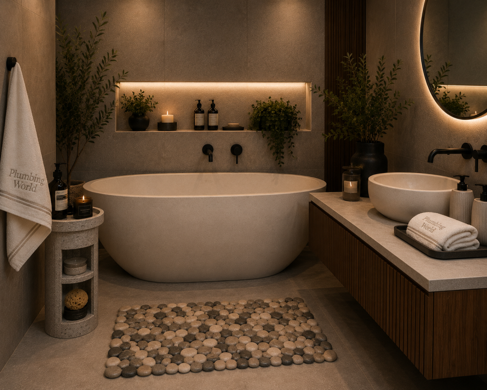 A modern bathroom featuring a freestanding tub, a double sink with wooden cabinetry, ambient lighting, and decorative elements like plants and candles. A stone bath mat lies on the floor.