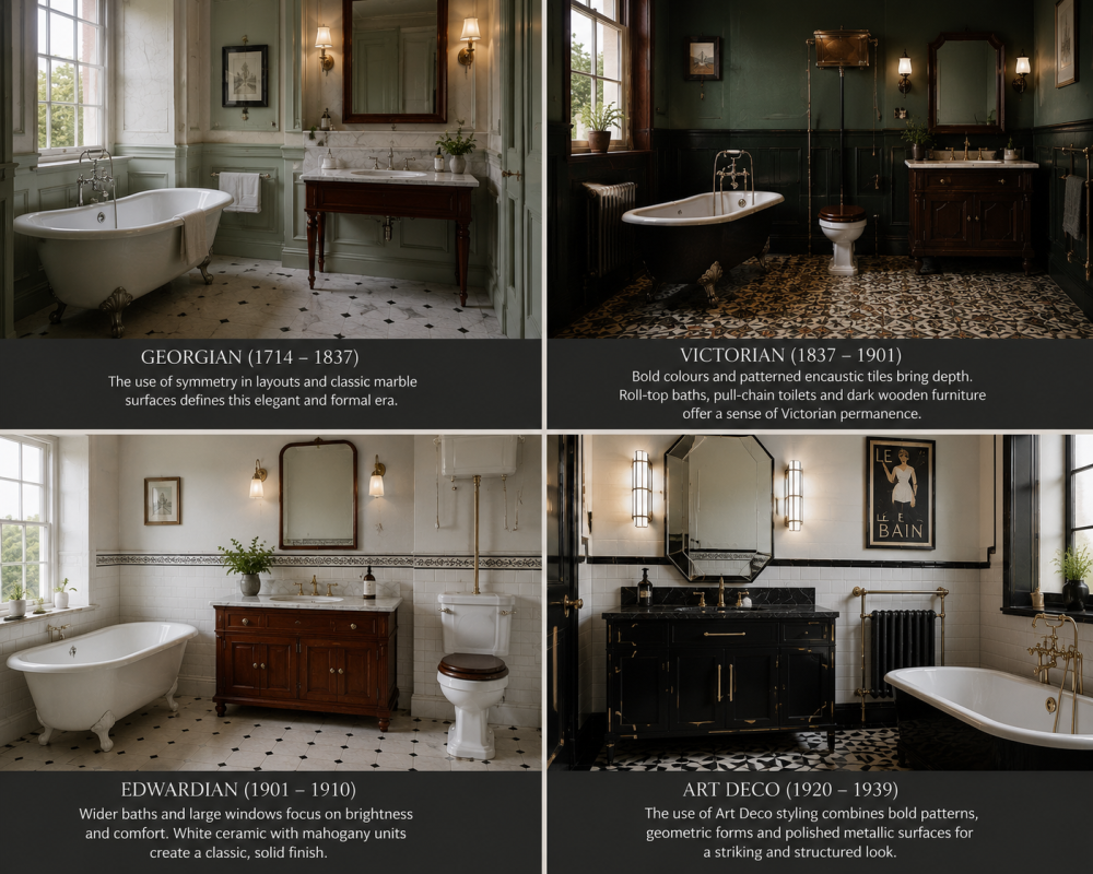 Bathroom styles infographic comparing Georgian, Victorian, Edwardian, and Art Deco interior design features.