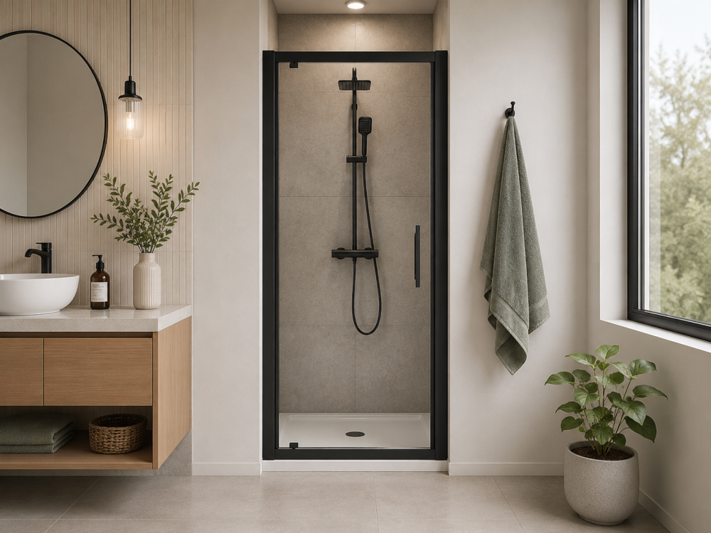 Pivot shower door enclosure beside round mirror, countertop basin, and indoor plant décor.