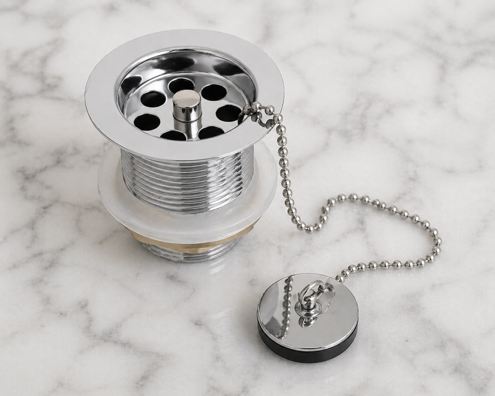 Chrome sink plug and chain waste with drain holes, placed on a white marble surface.
