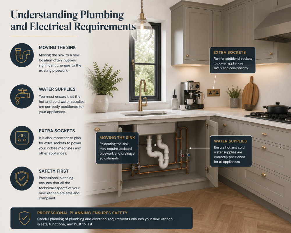 Under-sink kitchen cabinet exposing plumbing and pipework with infographic covering electrical and plumbing planning considerations.
