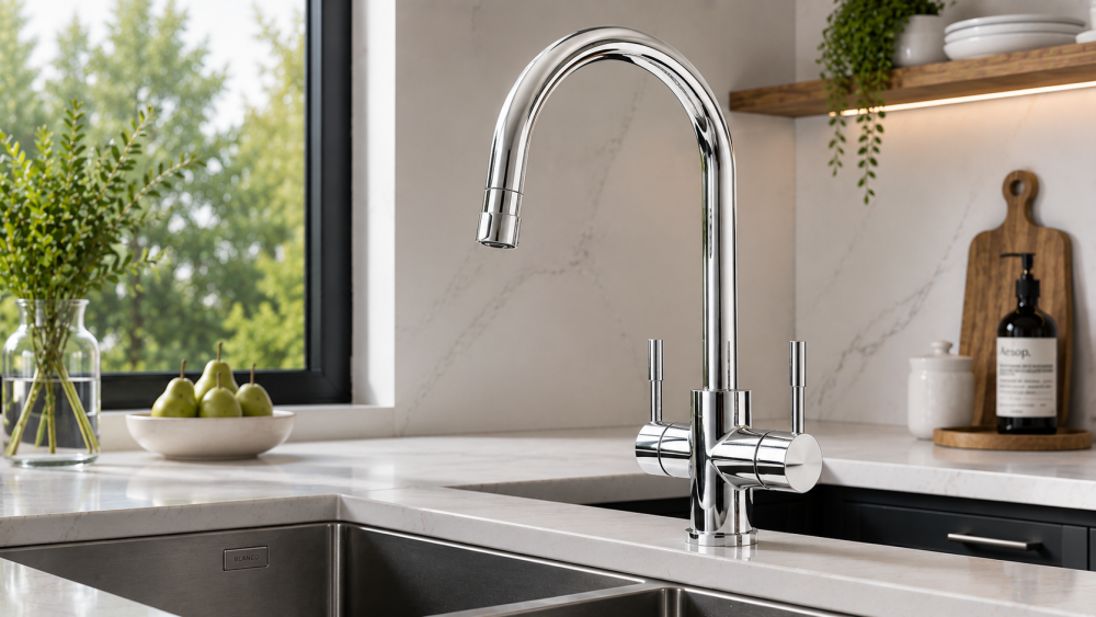 Dual-handle kitchen mixer tap installed beside window in a clean countertop setting.