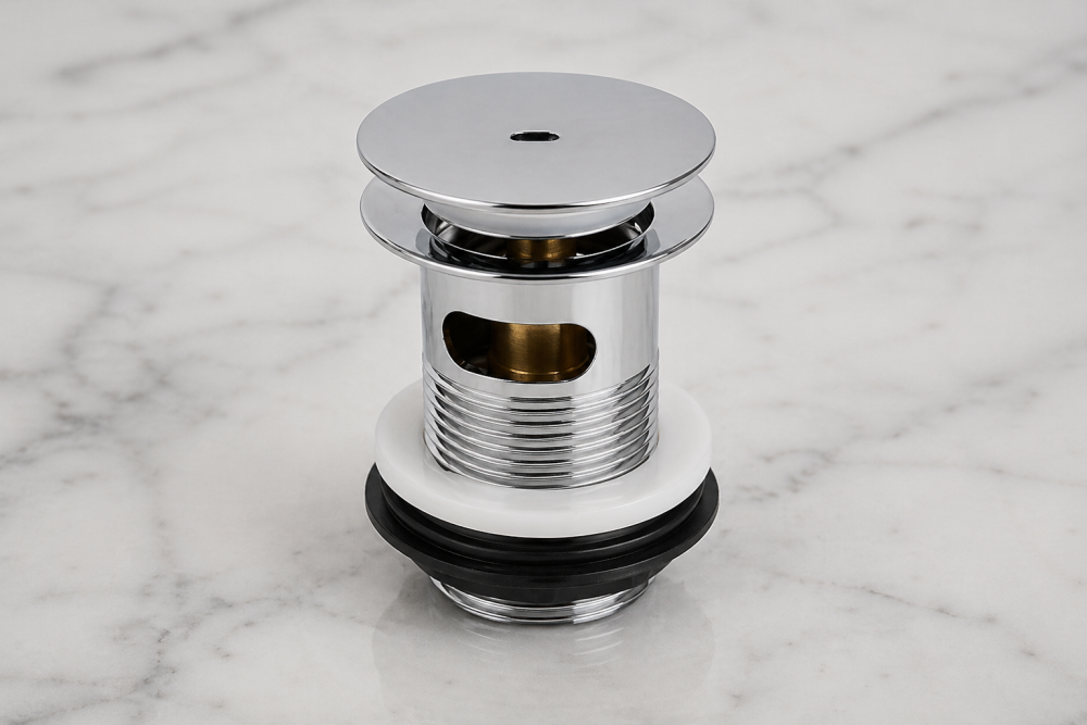 Chrome pop-up basin waste with threaded body and rubber seal, designed for secure sink installation.