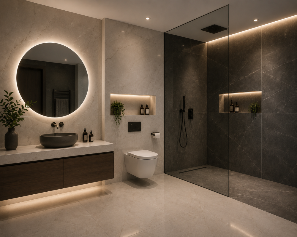 Dark wood vanity beneath illuminated round mirror beside marble-lined shower enclosure.