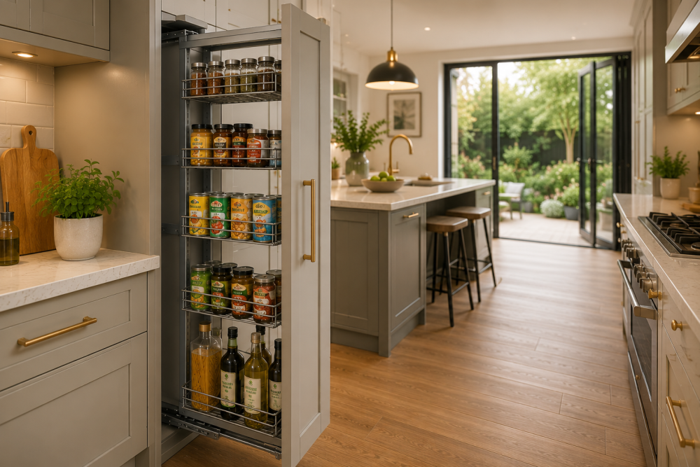 Tall pull-out pantry unit in grey kitchen stocked with jars, bottles, and dry food storage containers.