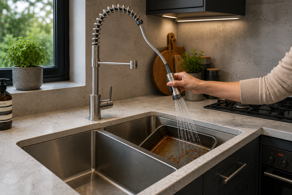 Pull-down spray kitchen tap rinsing baking tray inside sink with herbs and utensils nearby.