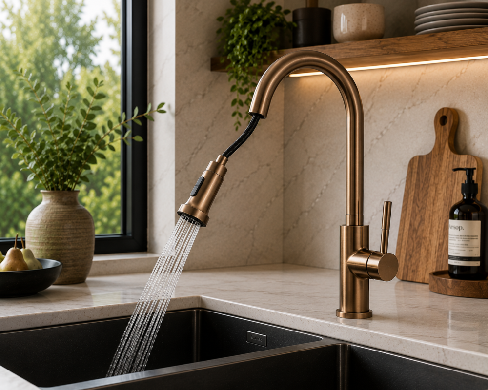 Kitchen mixer tap running into stainless steel sink with shelving, bottles, and plant styling in background.
