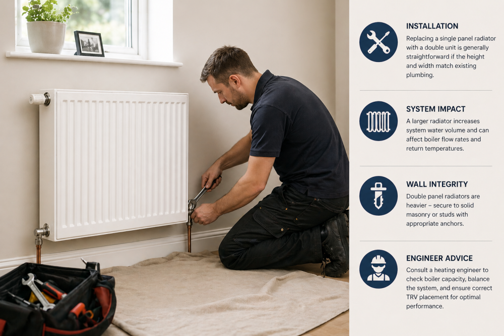 Man repairing a white radiator with a wrench, illustrating radiator maintenance and installation considerations.
