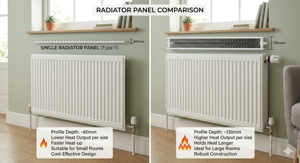 Single vs double panel radiator comparison showing 60mm depth for single panel and 130mm depth for double panel for larger rooms.