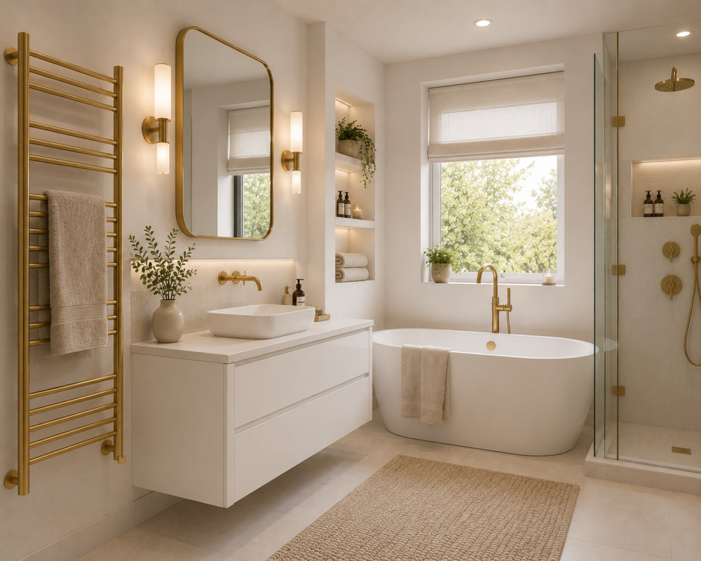 Standalone bath positioned near a glass shower screen, paired with brushed brass fixtures and ambient lighting.