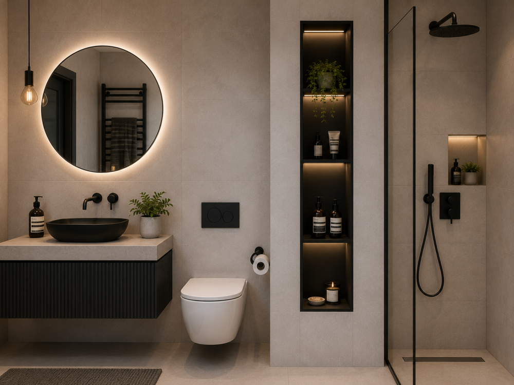 Black basin vanity beside open walk-in shower with recessed shelving for toiletries and plants.