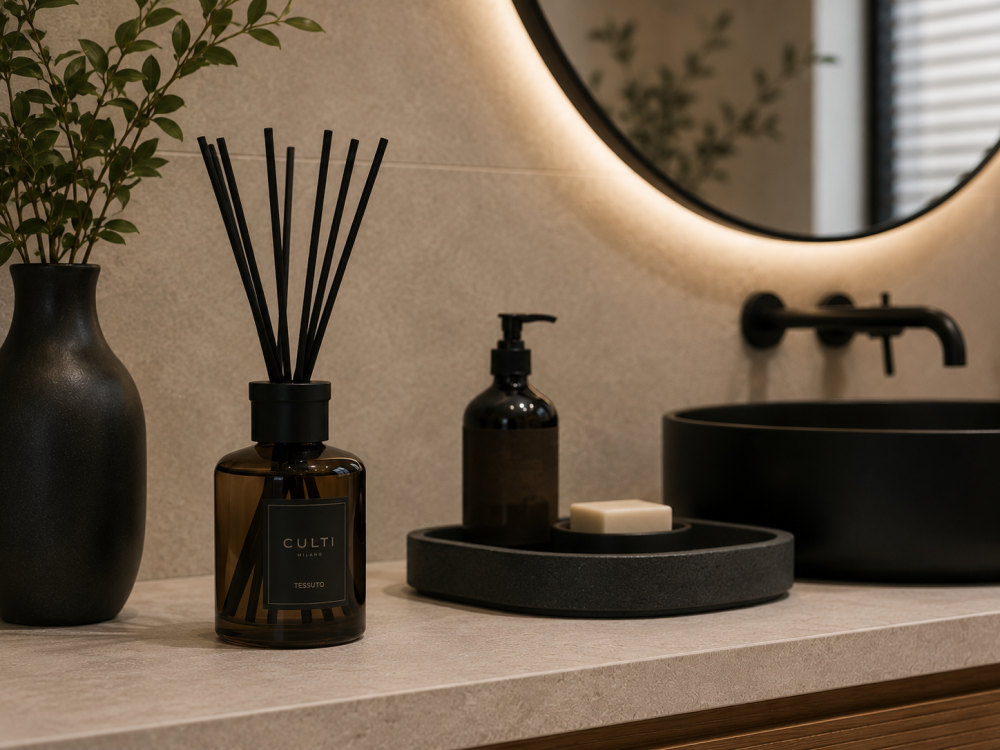 Modern bathroom countertop with a black vase, reed diffuser, soap dispenser, bar soap, round mirror, and matte black sink faucet.