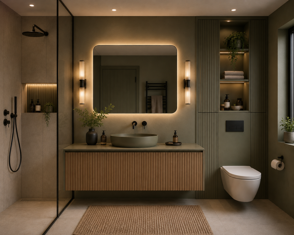 Round countertop basin on textured vanity beside framed shower screen and wall-mounted lighting.