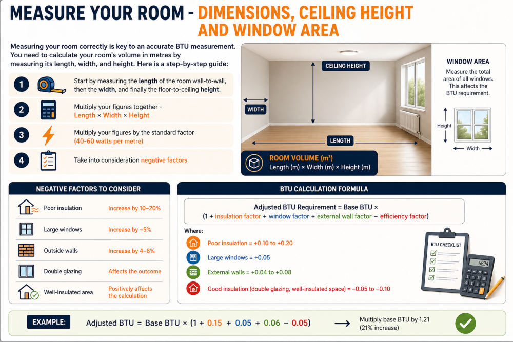 Room measurement guide infographic showing how to calculate dimensions, ceiling height, and BTU requirements.