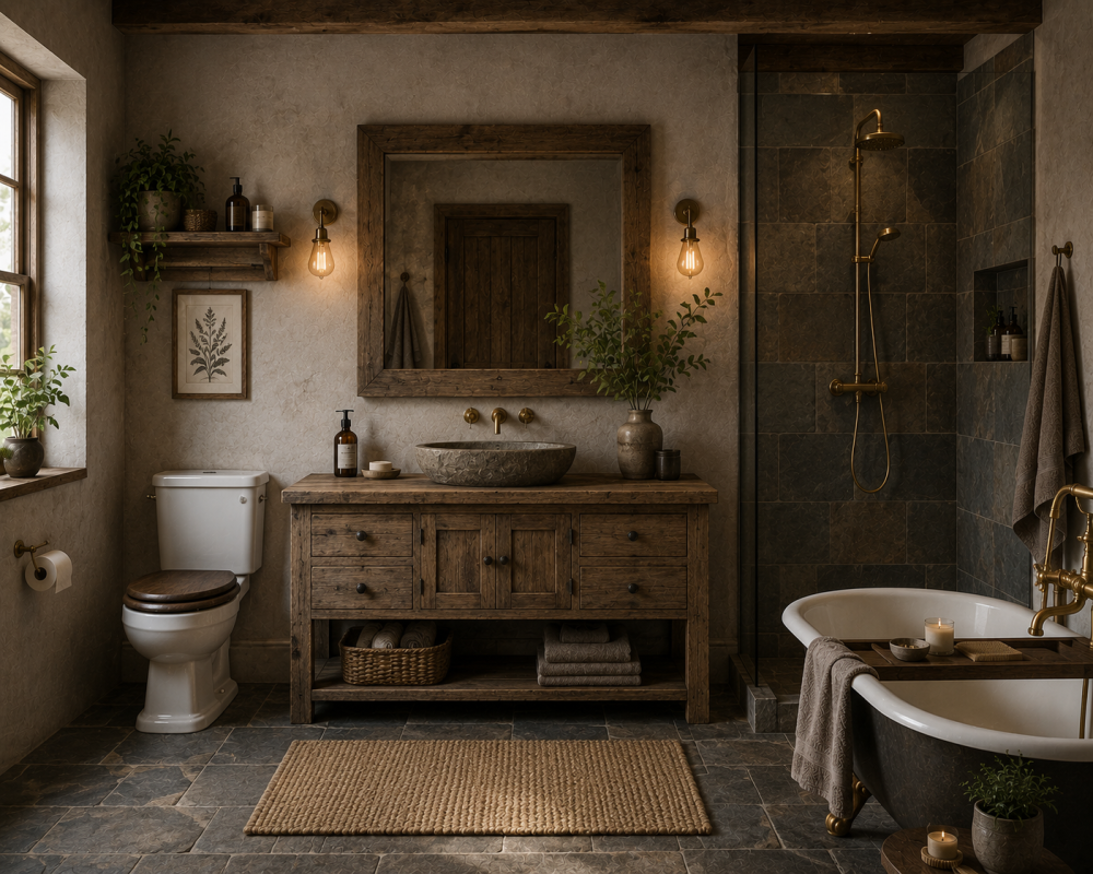 Rustic bathroom featuring timber finishes, stone basin, vintage lighting, and freestanding bathtub.