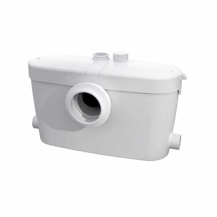 Household macerator pump with multiple pipe inlets and outlets for flexible plumbing installation.