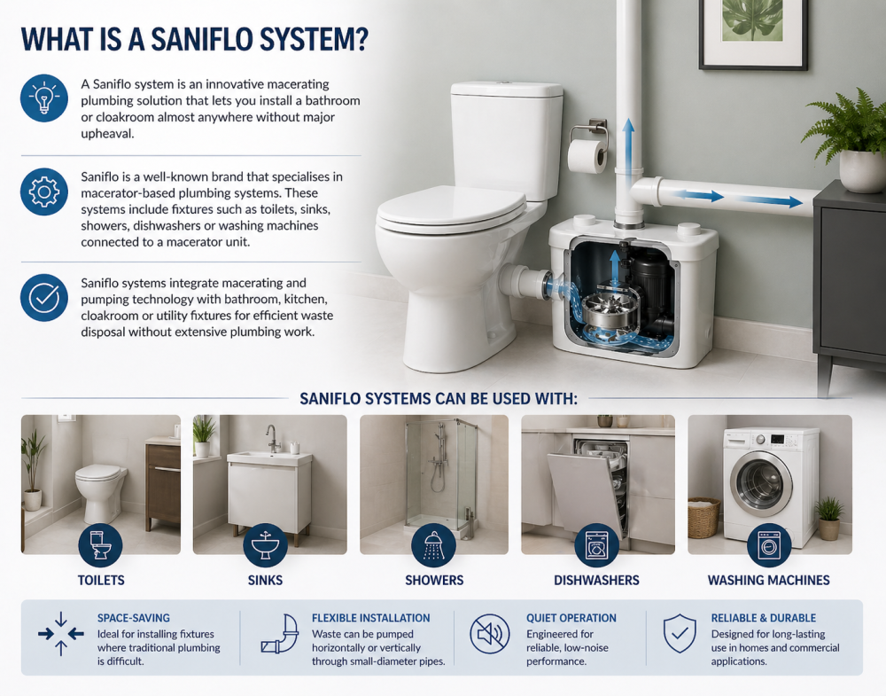 Saniflo macerator system diagram showing waste flow and compatibility with toilets, sinks, showers, and appliances.