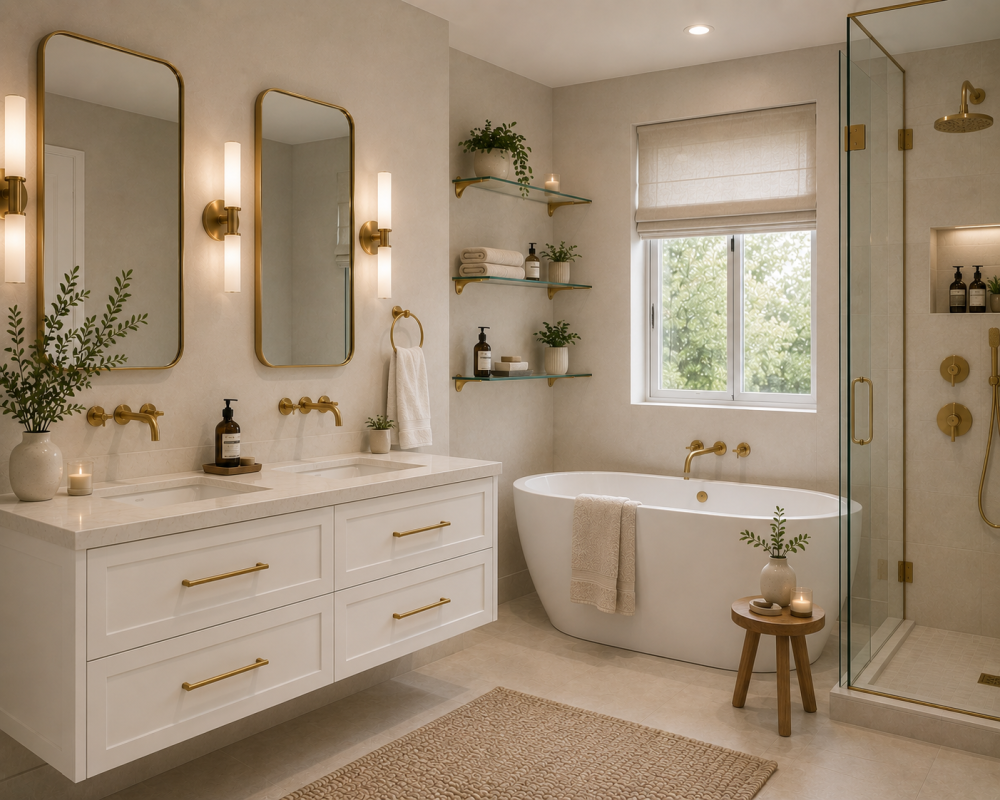 Twin mirror vanity wall with freestanding bath, glass shower enclosure, and brushed brass taps throughout.