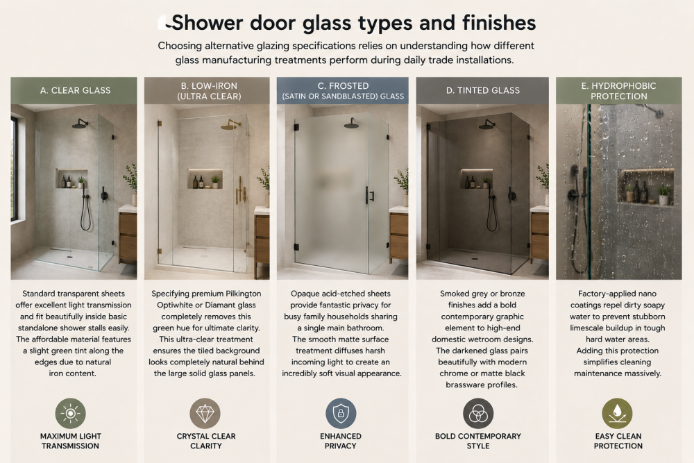 Shower glass types guide showing clear, low-iron, frosted, and tinted glass finishes for shower enclosures.