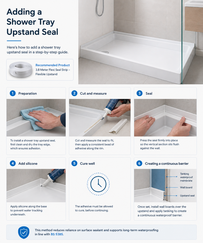Step-by-step guide to installing a shower tray upstand seal showing preparation, sealing, and curing process.