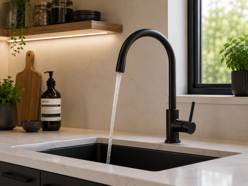 Black kitchen mixer tap running water over stainless sink with marble worktop and wooden shelf decor.