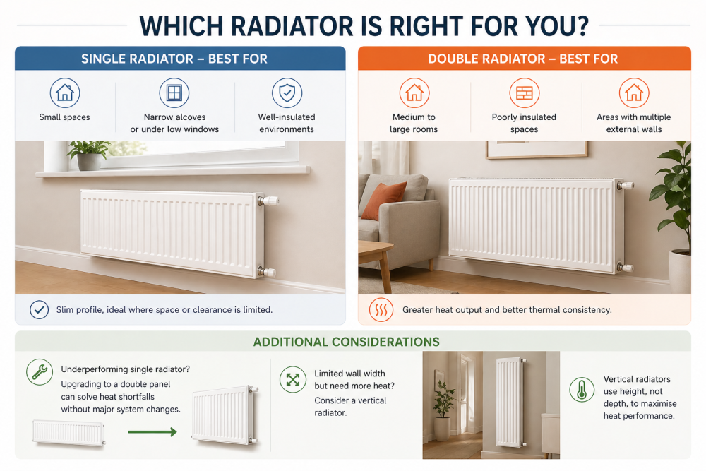 Single vs double radiator infographic outlining features, benefits, and best uses for different room sizes.